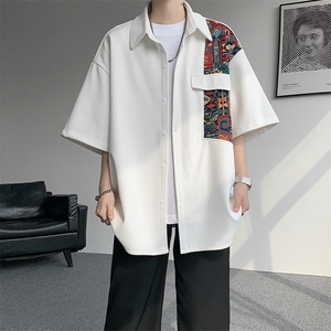 8XL-M民族风拼接短袖衬衫男夏季痞帅半袖衬衣薄款外套DC28009P45图片