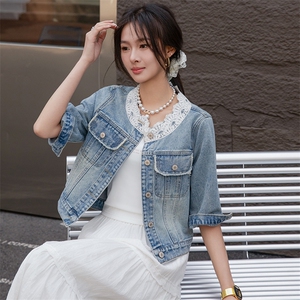 小香风气质复古蕾丝拼接牛仔短外套女2025春夏新款高端气牛仔衣图片