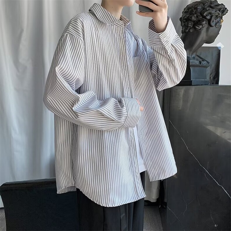 GS013P40纯色长袖条纹衬衫潮男百搭日系韩版宽松春秋衬衣外套,男装衬衫,星座1108-5