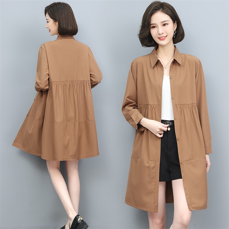 2022春季新款大码单排扣长袖中长款通勤纯色开衫衬衫风衣外套，女装风衣，衣之秀