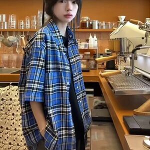 CP1228-P33 格子短袖衬衫男夏季高级感情侣半袖衬衣美式宽松外套图片