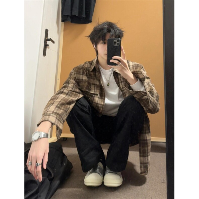 【网图】棕色格子贴布衬衫男长袖美式复古设计感衬衣C49WW-特P55,男装衬衫,星座1007（原301D）