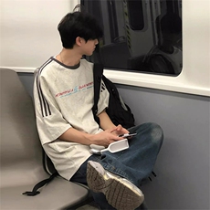夏季美式高街重磅纯棉三条杠织带撞色男女短袖T恤ZD533-特P30，男装T恤，电商A486