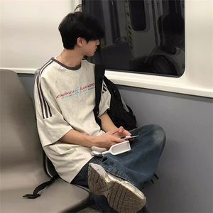 夏季美式高街重磅纯棉三条杠织带撞色男女短袖T恤ZD533-特P30图片