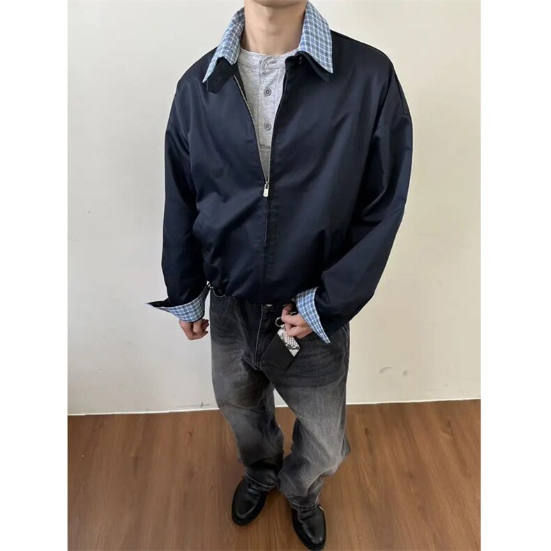美式夹克男女同款假两件卡其藏蓝哈灵顿外套学院风老钱风JK902,男装夹克,星座516A