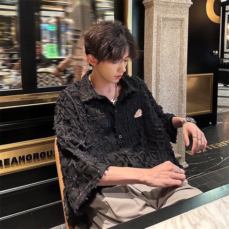 夏新复古短袖格子衬衣男大码磨毛半袖衬衫上衣A071-C60-P45,男装衬衫,电商A071