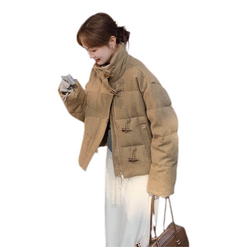 超好看黄色短款牛角扣立领羽绒服女冬2024新款学院风90白鸭绒外套,女装羽绒服,浙宝285（原212）