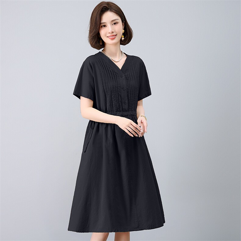 纯棉褟皱连衣裙女夏装2025年新款中年妈妈遮肚子宽松休闲减龄裙子,女装连衣裙,江忆布依