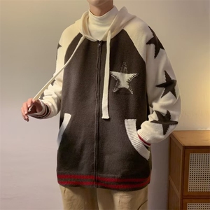 美式拼色星星连帽开衫毛衣棕男慵懒风休闲针织衫 FM28 P50图片