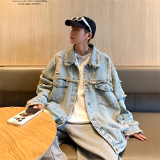 复古毛边做旧破洞牛仔外套男女春秋宽松休闲夹克上衣JK08920-P58，男装夹克，星座308B-1