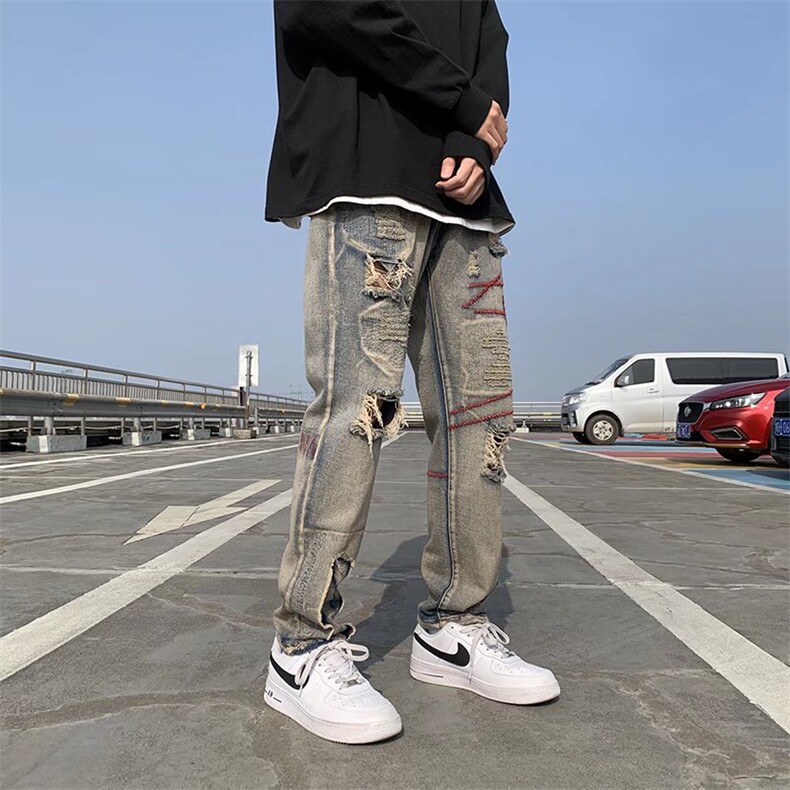 高街vibe风美式复古做旧补丁牛仔裤水洗修身小脚裤子男款Z05/P50,男装牛仔裤,星座506