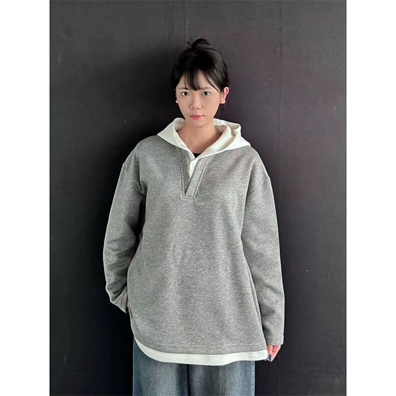 【网图】假两件连帽纽扣卫衣日系休闲宽松ins风潮牌外套HY709TP48,女装短外套,电商A102B