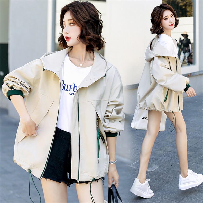连帽抽绳撞色大码风衣外套女2025撞色大码显瘦风衣拉链外套HZ0680，女装风衣，半夏