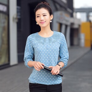 时尚波点长袖针织衫女秋季新款修身显瘦蕾丝拼接打底衫上衣图片