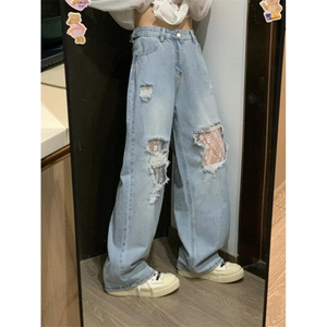 CK123CC-特P52 蕾丝破洞牛仔裤设计感高级直筒裤子图片