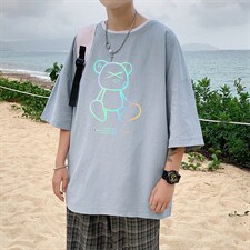 YT26139-P30 亚麻短袖t恤男大码五分袖男宽松七分袖 港风模特图片