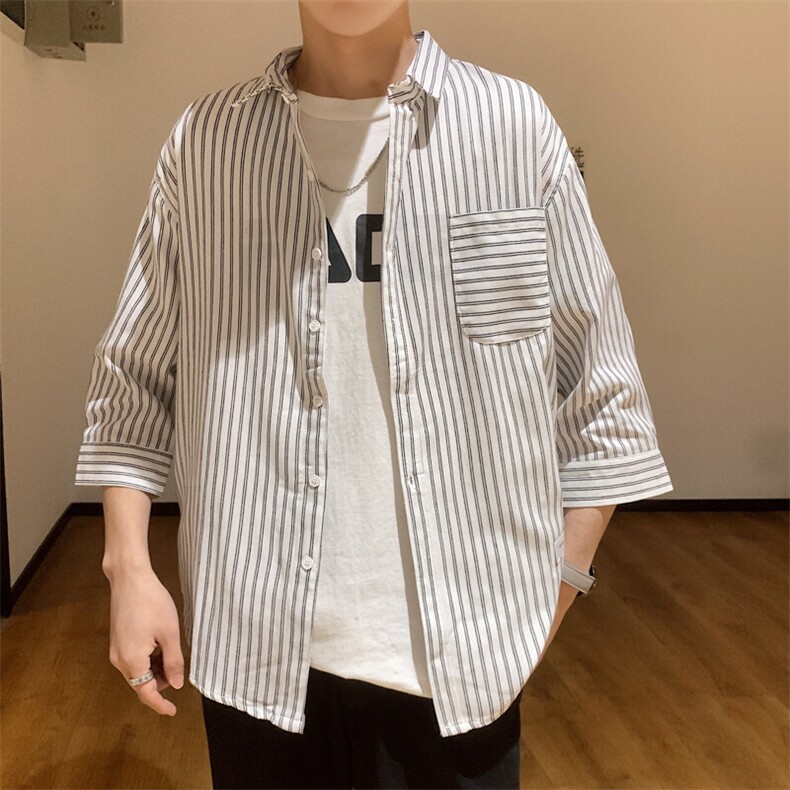 大货ins痞帅气短袖港风七分袖条纹衬衫男/D325C09,男装T恤,电商D325