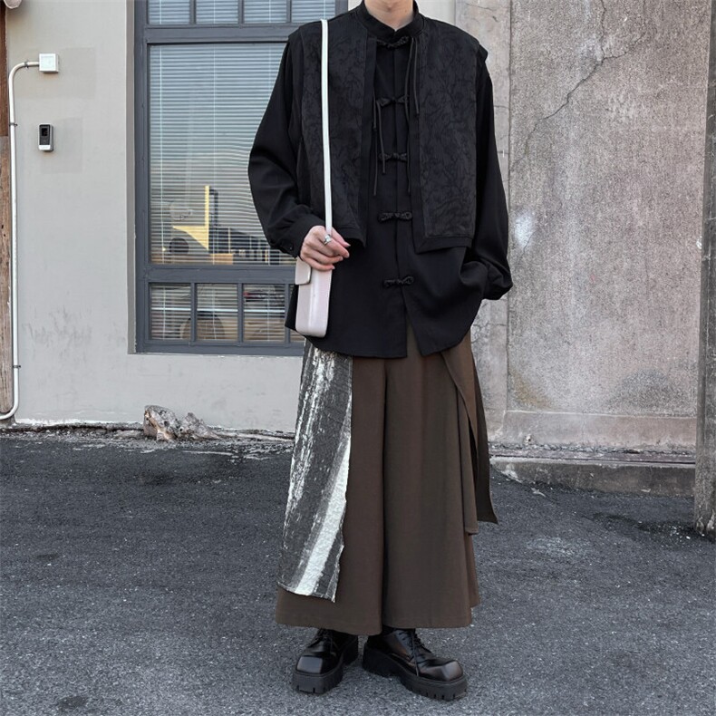春装风新中式盘扣立领假两件拼接男女衬衣2025复古提花外套,男装衬衫,星座909