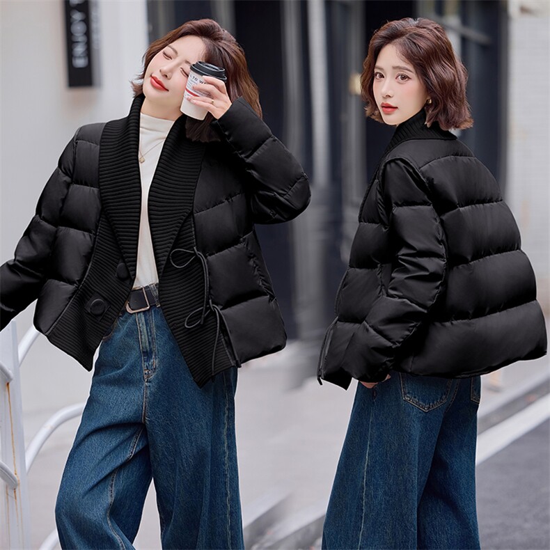 现货设计感针织毛线领拼接羽绒服女短款2024冬季新款加厚保暖外套,女装羽绒服,仟媚宠