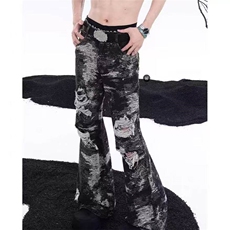 【石凯同款】小众高级美式高街破坏牛仔裤男微喇叭2025年帅气chic，男装牛仔裤，星座613