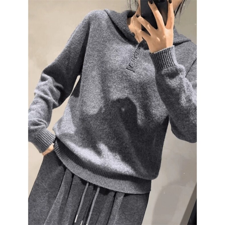 2025年秋季时尚百搭通勤简约休闲连帽套衫，女装针织衫/毛衣，朝辰羊绒
