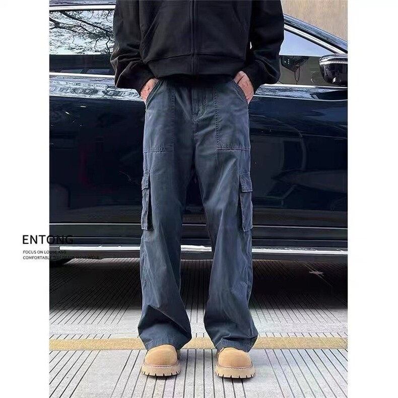 藏青色多口袋工装裤欧美hiphop炸街裤子小众设计感宽松直筒休闲裤,男装牛仔裤,星座506A