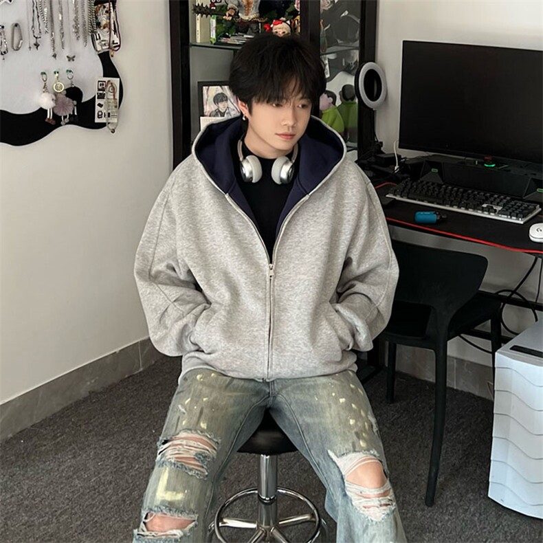 抖音得物高品质二开26春装美式重磅宽松结构双面连帽卫衣外套W68,女装短外套,电商A486-1