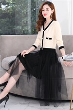 2021年秋季新款气质显瘦小香风假两件套针织连衣裙，女装连衣裙，金典明美