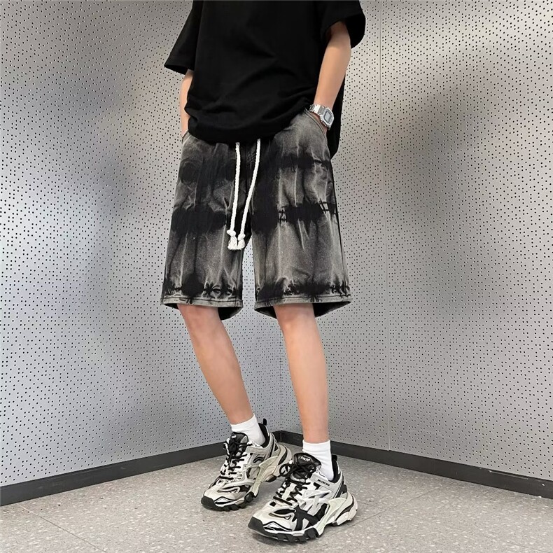 美式扎染牛仔短裤男夏季宽松高街潮牌设计感小众五分中裤DS10-P42,男装牛仔裤,星座1008