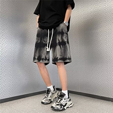 美式扎染牛仔短裤男夏季宽松高街潮牌设计感小众五分中裤DS10-P42，男装牛仔裤，星座1008