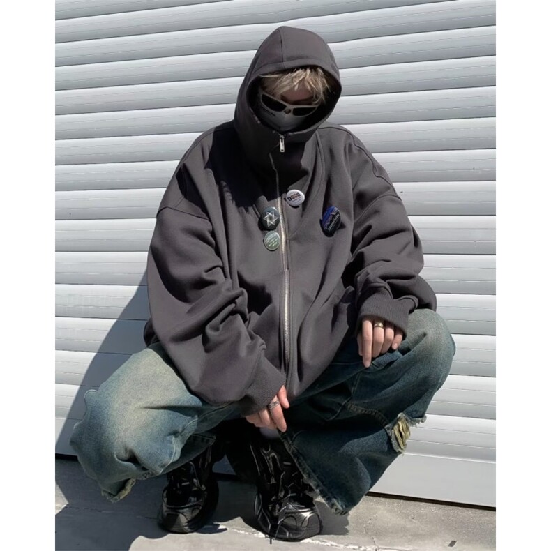 美式加厚拉链连帽开衫灰色卫衣男送徽章Y7701P63,男装卫衣,星座1116-2