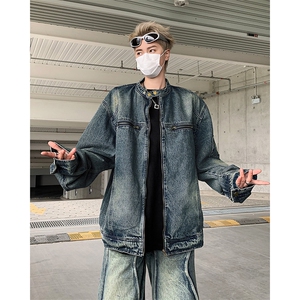 美式做旧水洗牛仔外套男宽松街头百搭痞帅休闲机车风工装立领夹克图片