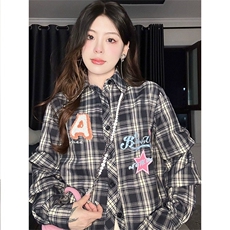 大码胖mm格子长袖衬衫日系港风ins宽松衬衣女生高级感休闲外套潮，男装衬衫，星座302B-2