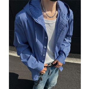26春季慵懒连帽休闲宽松弯刀袖薄防晒衣格纹连帽衬衫男 H1072 P68图片
