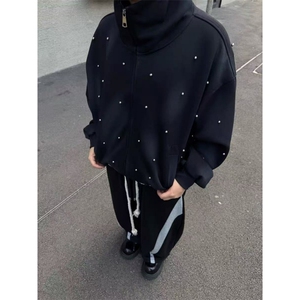 美式高街扎染珍珠点缀喷绘连帽卫衣男休闲宽松开衫上衣WB5690-P57图片