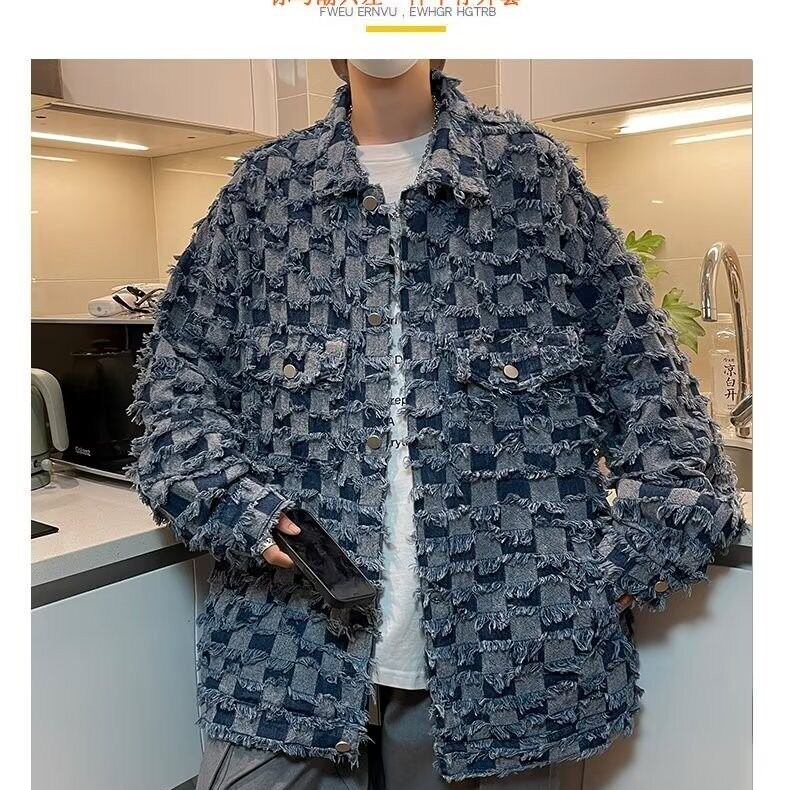 棋盘格牛仔外套男潮牌炸街宽松休闲痞帅长袖毛边夹克衫642/P70,男装夹克,星座506