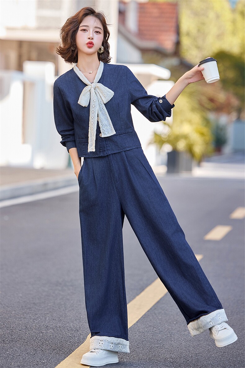早秋穿搭一整套蝴蝶结牛仔套装女2024新款高腰小香风阔腿裤两件套,女装套装/套裙,橙子家