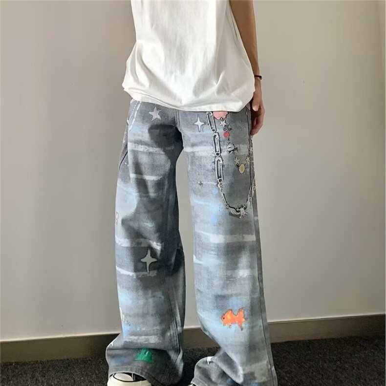 风刺绣直筒牛仔裤女2025春秋新款设计感宽松显瘦新中式阔腿裤子,男装牛仔裤,星座506A