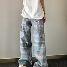 风刺绣直筒牛仔裤女2025春秋新款设计感宽松显瘦新中式阔腿裤子，男装牛仔裤，星座506A