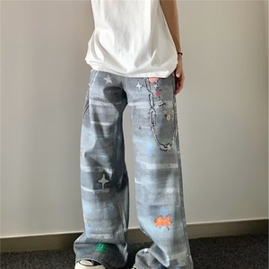 风刺绣直筒牛仔裤女2025春秋新款设计感宽松显瘦新中式阔腿裤子图片