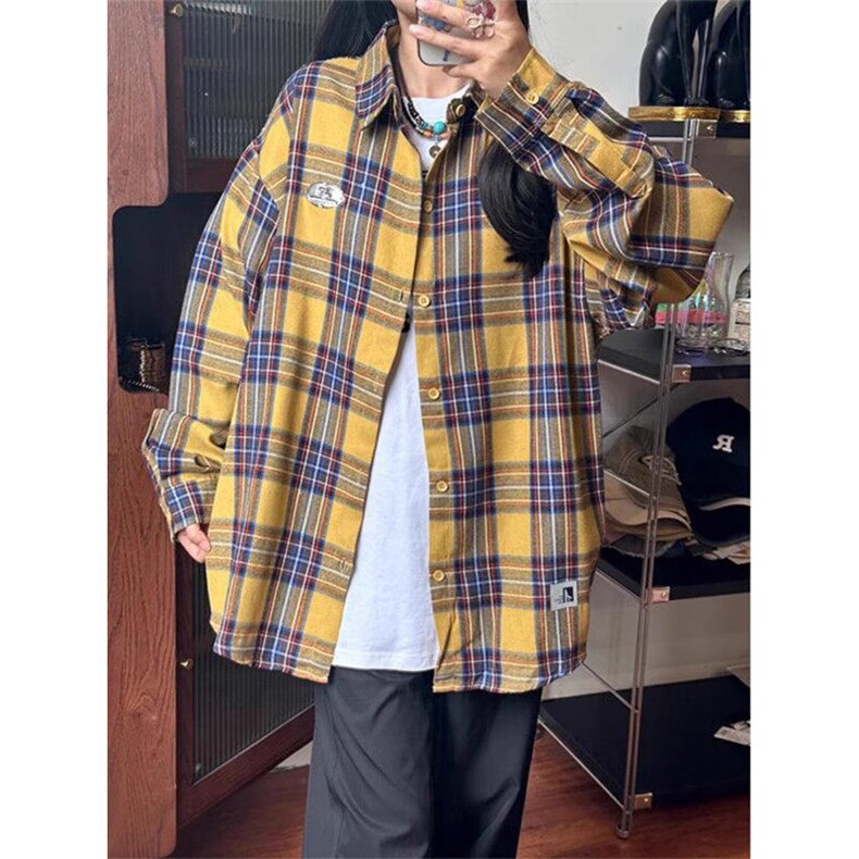 春秋新款复古格纹长袖衬衫男美式情侣衬衣情侣装外套C390,男装衬衫,星座1116A（原606A-3）