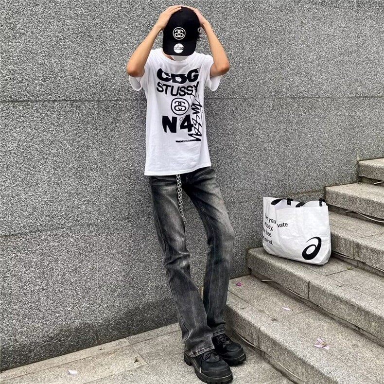 黑灰色水洗做旧渐变牛仔裤男款美式高街潮流街头宽松直筒修身长裤,男装牛仔裤,星座506A