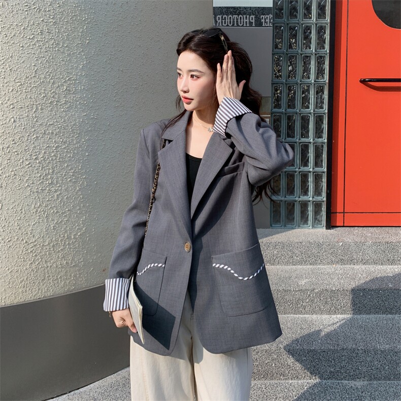 28081-7708-P145-K218春装新款灰色休闲百搭设计感西装外套,女装西装,浙宝210（原浙宝191）