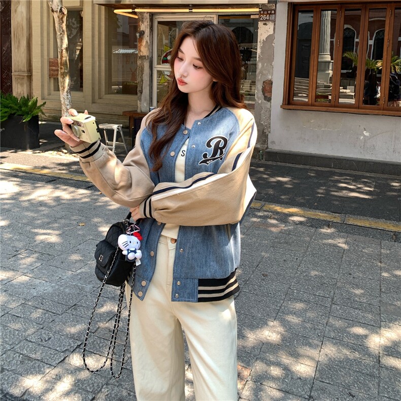 【现货】撞色字母刺绣棒球服牛仔外套82701-P155-K228,女装短外套,2B076