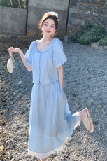 蓝色简约大方休闲套装裙女2025夏新款超好看甜美上衣半身裙两件套，女装套装/套裙，浙宝220
