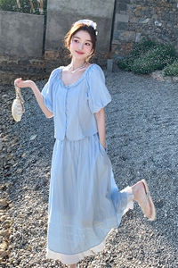 蓝色简约大方休闲套装裙女2025夏新款超好看甜美上衣半身裙两件套图片