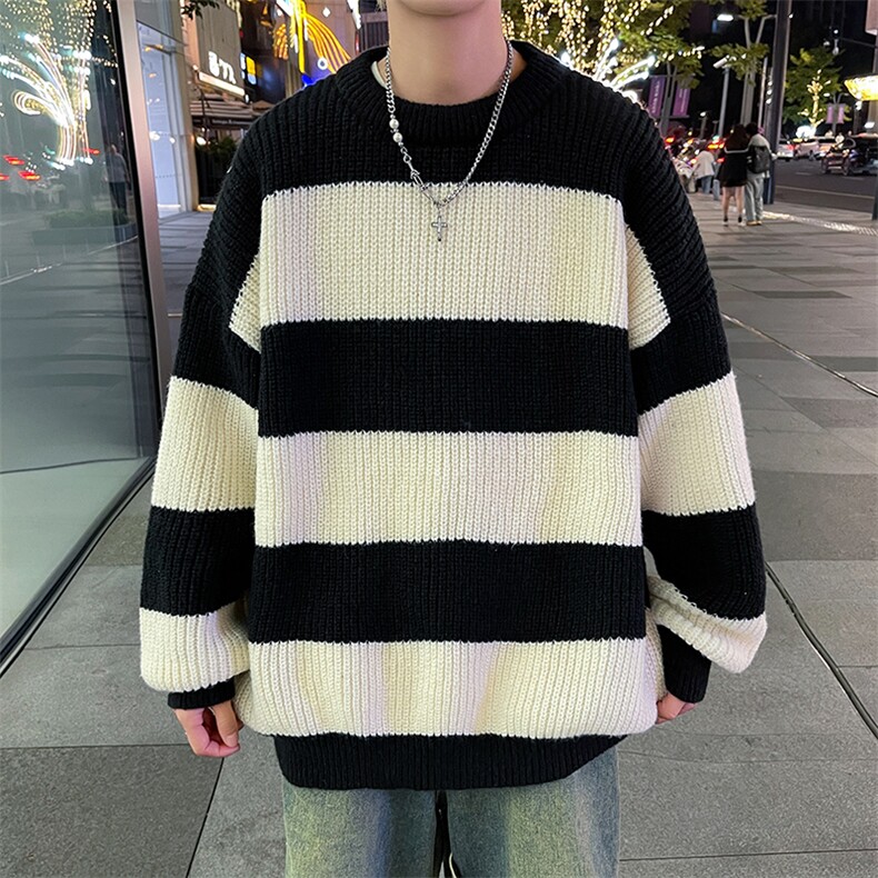 港风秋款男圆领套头毛衣条纹拼色宽松针织衫休闲外套M6007P45,男装针织衫/毛衣,星座1013-1