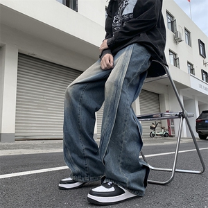 秋冬牛仔裤宽松直筒水洗复古潮流拼接长裤子N08855-P55图片