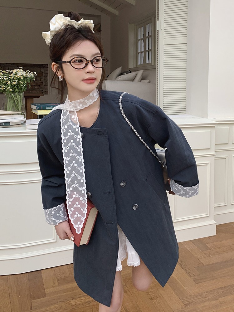 法式蕾丝拼接风衣外套女韩版宽松2025年春季新款中长款大衣,女装西装,牡丹诺