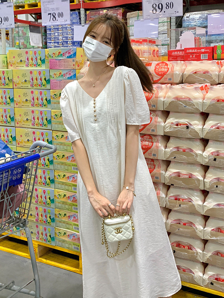新款法式白色V领连衣裙【现货】5089-115-168,女装连衣裙,浙宝192（原082）